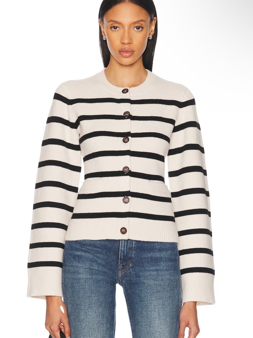 Jenni Kayne cooper Cream and Black Striped Button-Front Cardigan wool and cashme